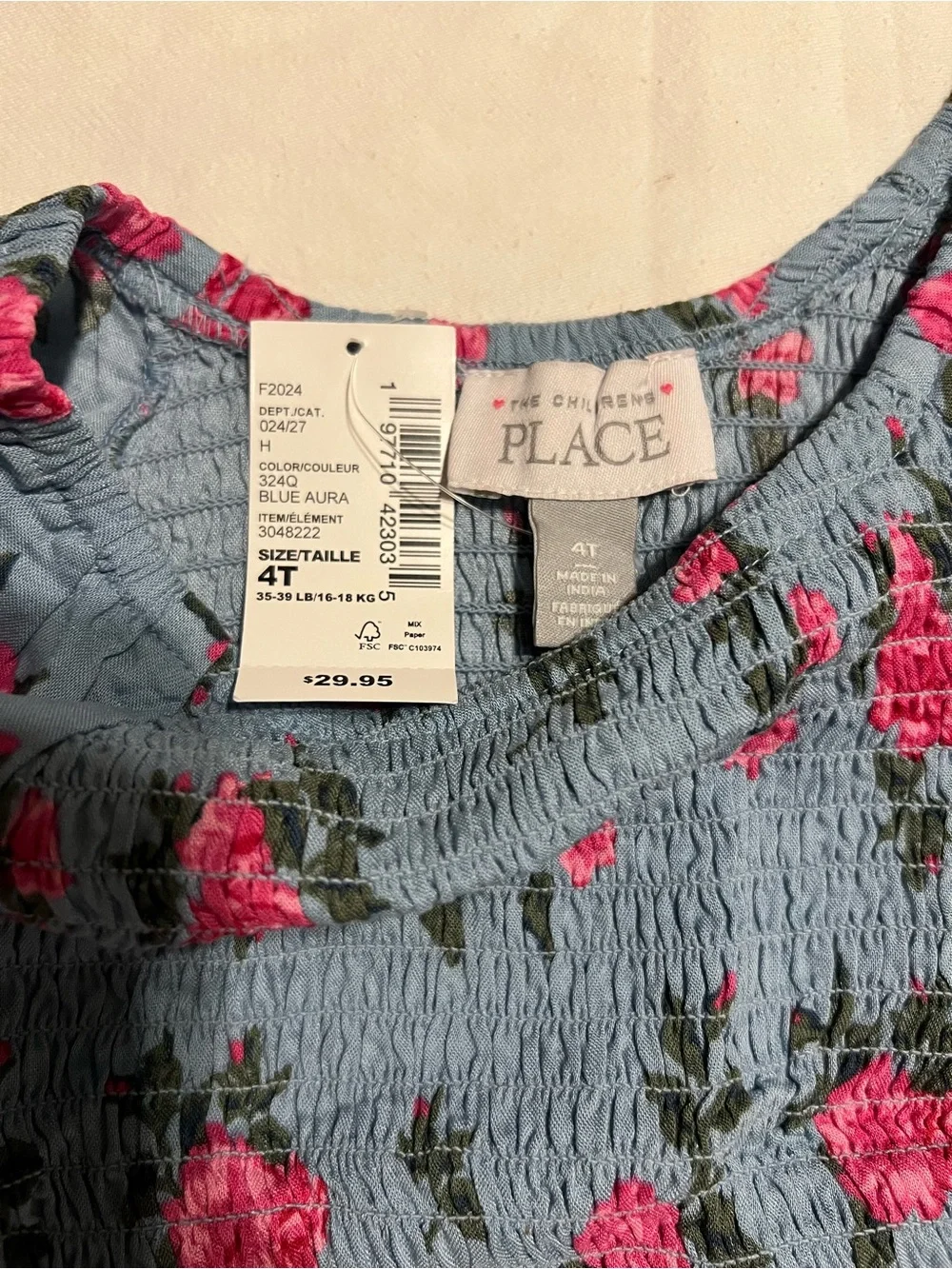The Children's Place Blue Floral Smocked Dress with Pink Roses